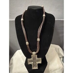 Premier Designs Multi Strand Brown Cord Silver Tone Cheyenne Cross Necklace